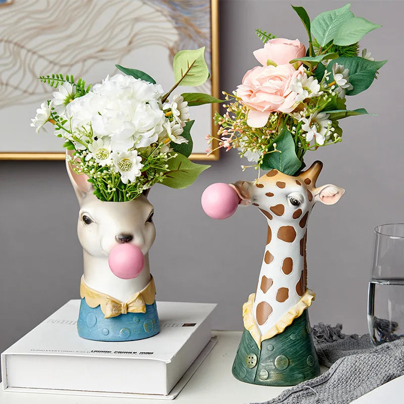 Zebra Giraffe Blowing Bubbles Creative Art Vase Artificial Flower Vase Dried Flower Vase Living Room Table Art Home Decor