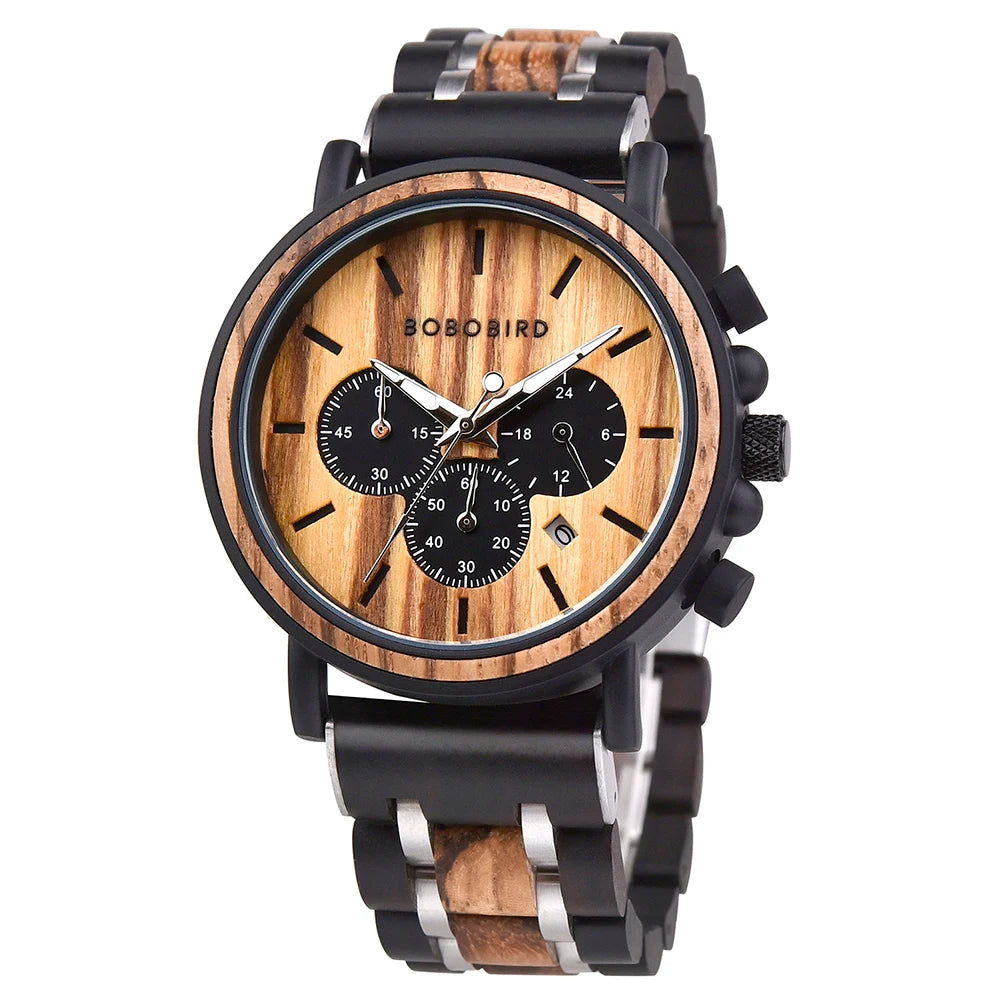 BOBOBIRD Luxury Men Watch Top Quartz Chronograph Personalized Wristwatch Timepiece Metal Wooden Strap Gift Box relogio masculino