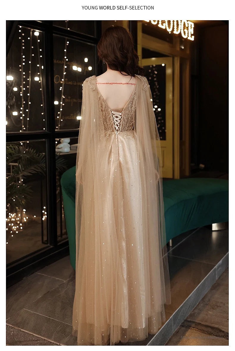 2022 Champagne Gold Evening Dresses With Cape A Line Sexy V-neck A-line Shiny Luxury Beading Shawl Formal Celebrity Prom Gowns