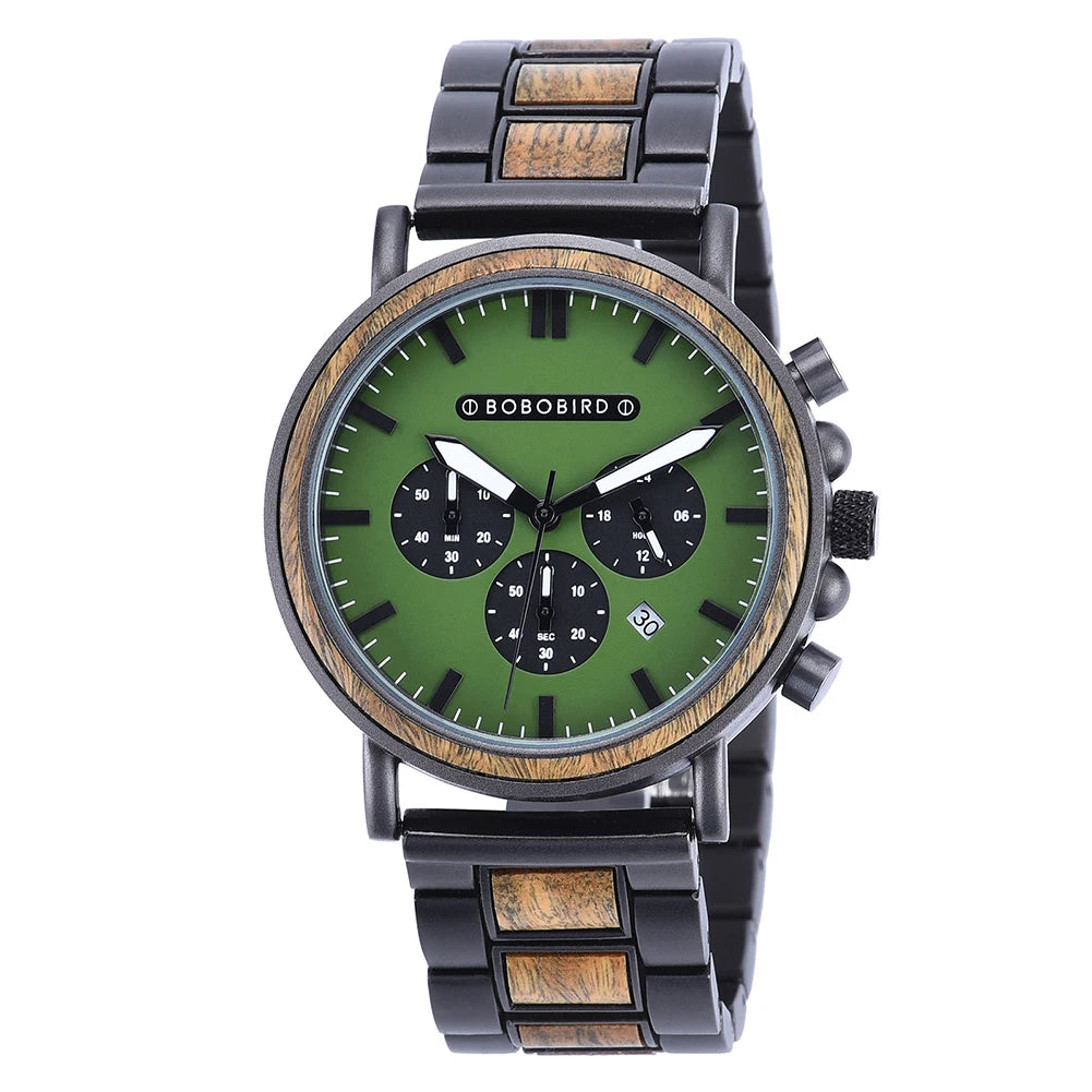 BOBOBIRD Luxury Men Watch Top Quartz Chronograph Personalized Wristwatch Timepiece Metal Wooden Strap Gift Box relogio masculino