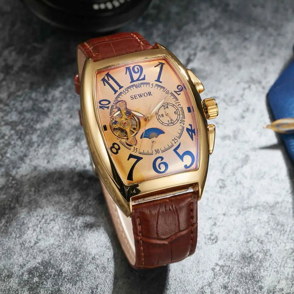 Fashion Retro Ladies Mechanical Watch Woman Men Couple Rectangle Watch Unique Leather Band Automatic Mechanical Wrist Watch