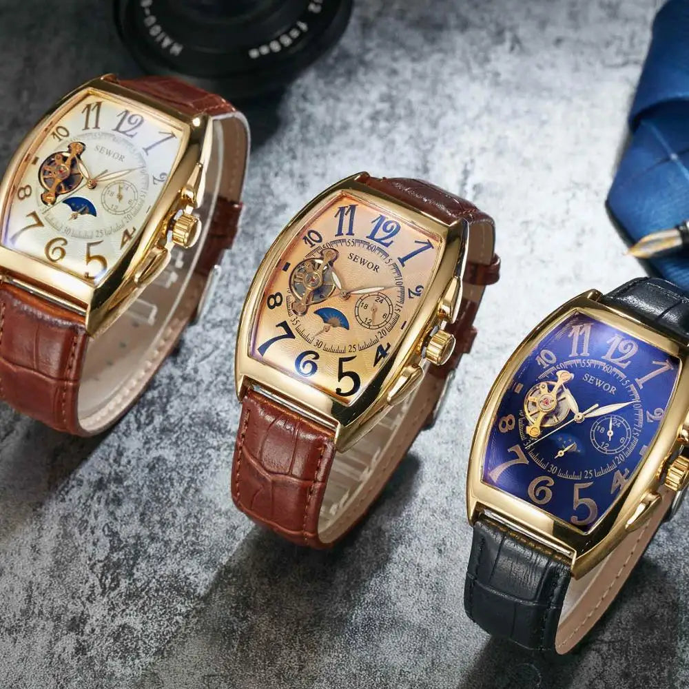 Fashion Retro Ladies Mechanical Watch Woman Men Couple Rectangle Watch Unique Leather Band Automatic Mechanical Wrist Watch