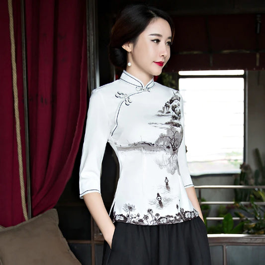 2018 Fashion Chinese style Shirt Womens Mandarin Collar Blouse Lady Clothing cheongsam Summer Short Qipao Dress Size S-XXXL