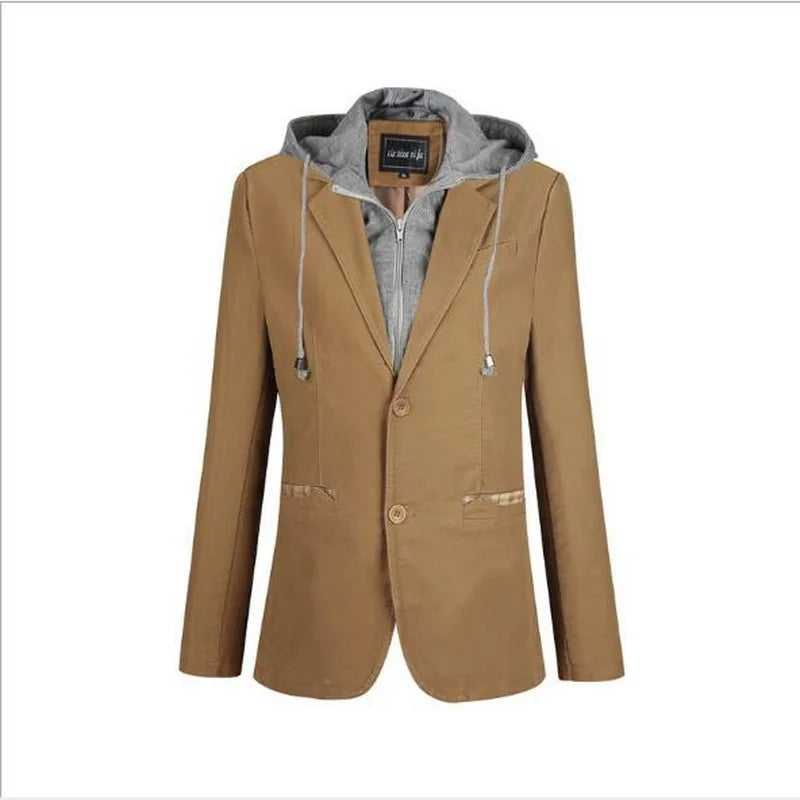 Men's Blazers Men's Hooded Suit Men's Cotton Jacket Unloading Cap Hooded Suit Fake Two Pieces Men's Single Buckle Blazer