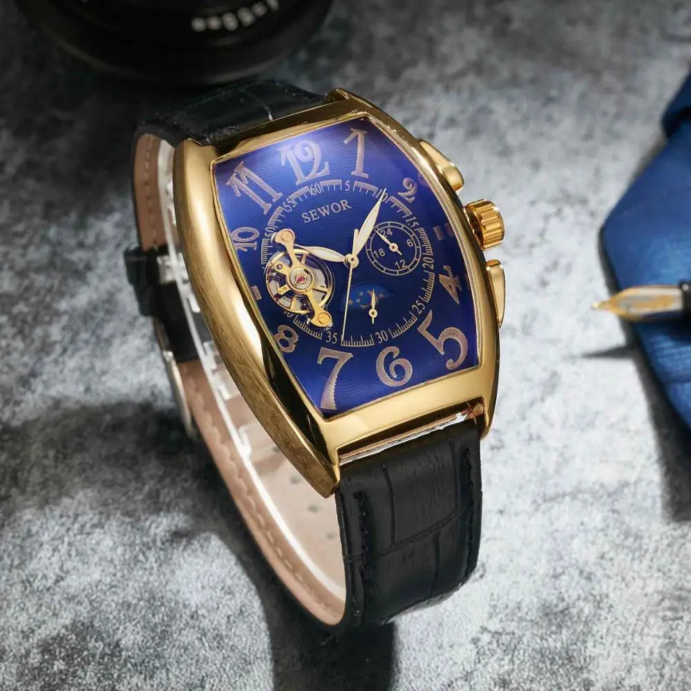 Fashion Retro Ladies Mechanical Watch Woman Men Couple Rectangle Watch Unique Leather Band Automatic Mechanical Wrist Watch