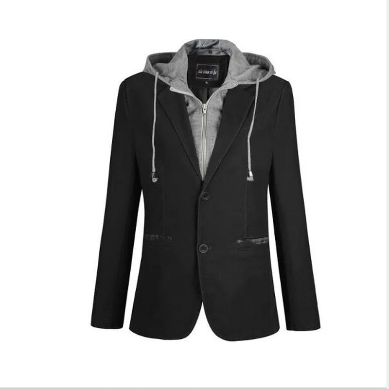 Men's Blazers Men's Hooded Suit Men's Cotton Jacket Unloading Cap Hooded Suit Fake Two Pieces Men's Single Buckle Blazer