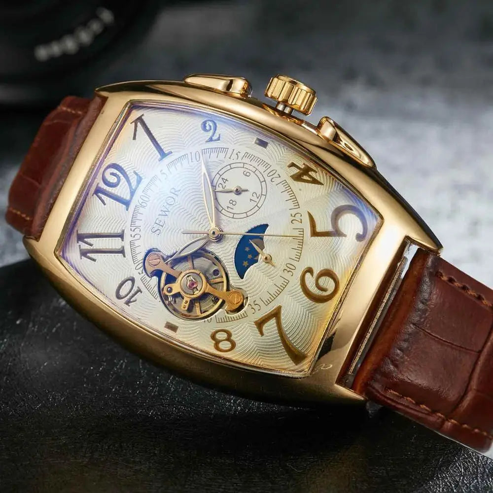 Fashion Retro Ladies Mechanical Watch Woman Men Couple Rectangle Watch Unique Leather Band Automatic Mechanical Wrist Watch