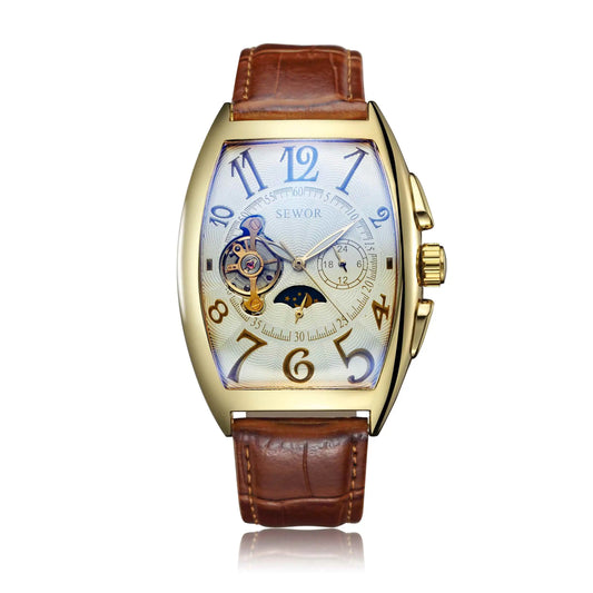 Fashion Retro Ladies Mechanical Watch Woman Men Couple Rectangle Watch Unique Leather Band Automatic Mechanical Wrist Watch