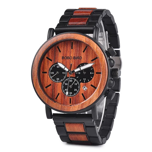 BOBOBIRD Luxury Men Watch Top Quartz Chronograph Personalized Wristwatch Timepiece Metal Wooden Strap Gift Box relogio masculino