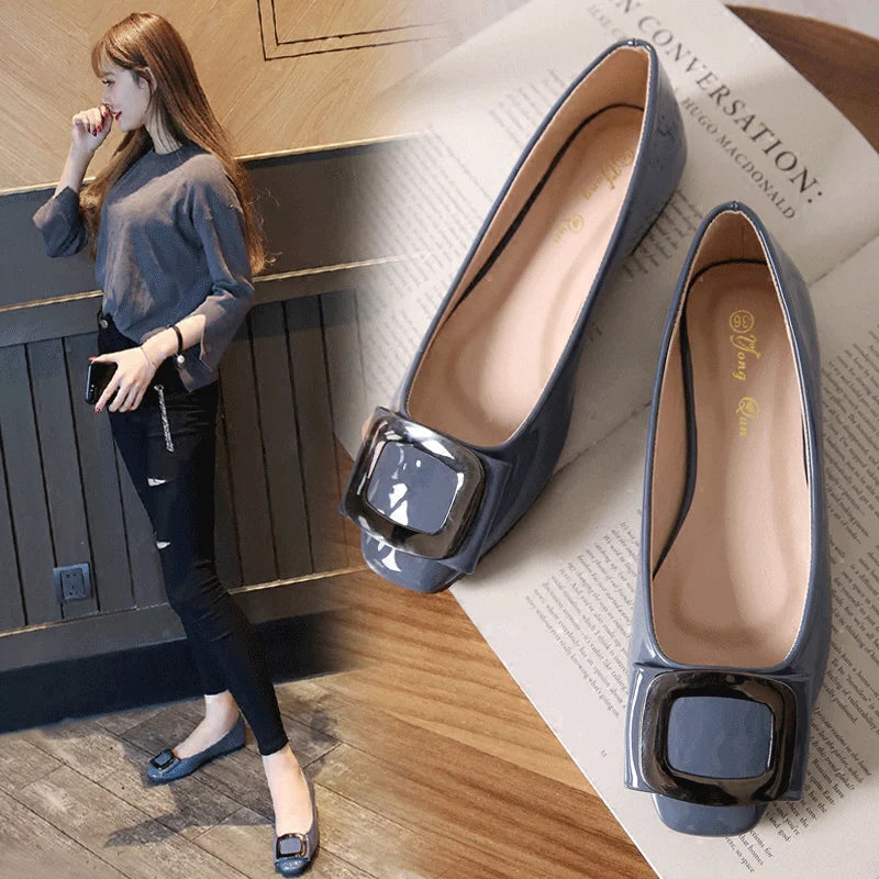 Large Size 41 42 43 44 45 Women Flat Heel Shoes 31 32 33 Square Head Patent Leather Shoes Lady Flats Soft Sole Metal Decoration