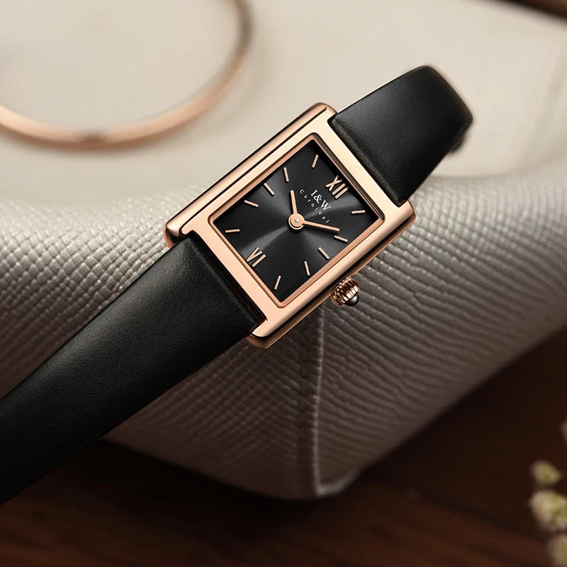 2024 New Fashion Square Watch for Women Luxury Brand I&W Switzerland Made Quartz Wristwatch Sapphire Leather Dress Ladies Watch