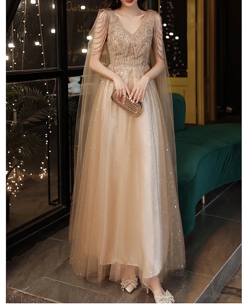 2022 Champagne Gold Evening Dresses With Cape A Line Sexy V-neck A-line Shiny Luxury Beading Shawl Formal Celebrity Prom Gowns