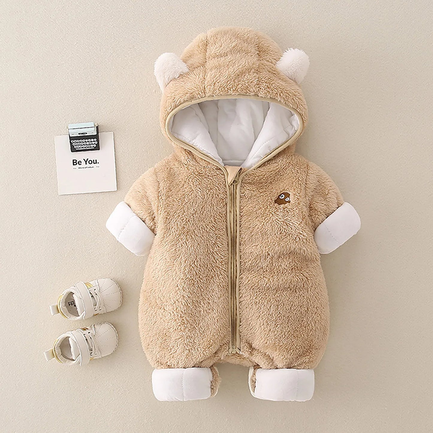 Winter NewBorn Hooded Clothes New Style Baby Boys Girls Thicken Romper Solid Color Plush Cute Overall Jumpsuit For Kids Clothing