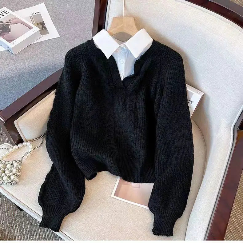 Japanese Lazy Retro Design with Fake Two Sweaters for Autumn and Winter Women's Clothing