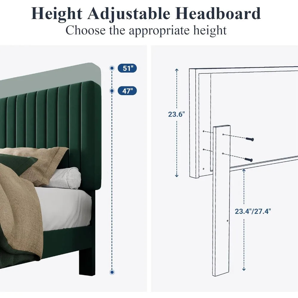 Queen Bed Frame, Velvet Upholstered Platform Bed with Adjustable Vertical Channel Tufted Headboard, Mattress Foundation