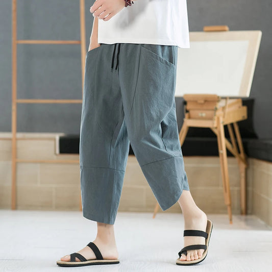 Men Chinese Style Cotton Linen Harem Pants Mens Retro Streetwear Beach Calf-Lenght Pants Male Casual Summer Trousers