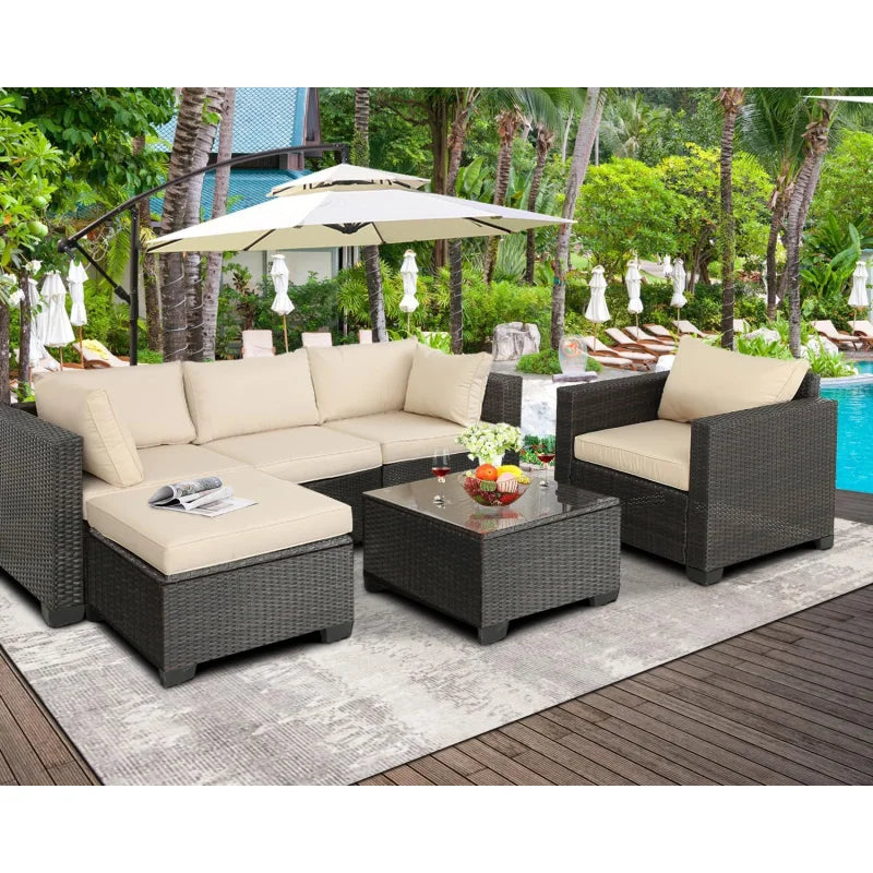 Q6 pieces set outdoor sectional wicker furniture patio couch with Ottoman for lawn, balcony, garden