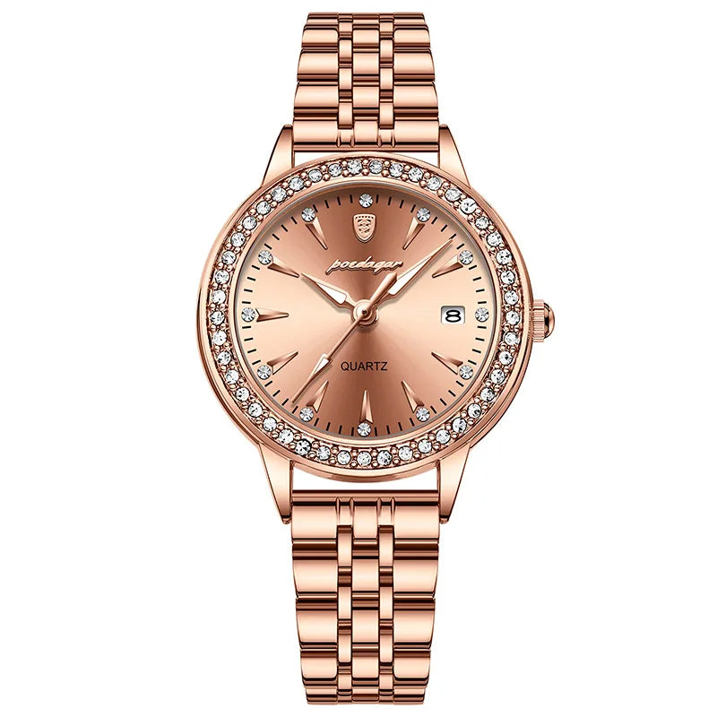 POEDAGAR Ultra Thin Women Watches Rose Gold Luxury Steel Strap Brand Diamond Dial Ladies Watch Bracelet Waterproof Date Clock