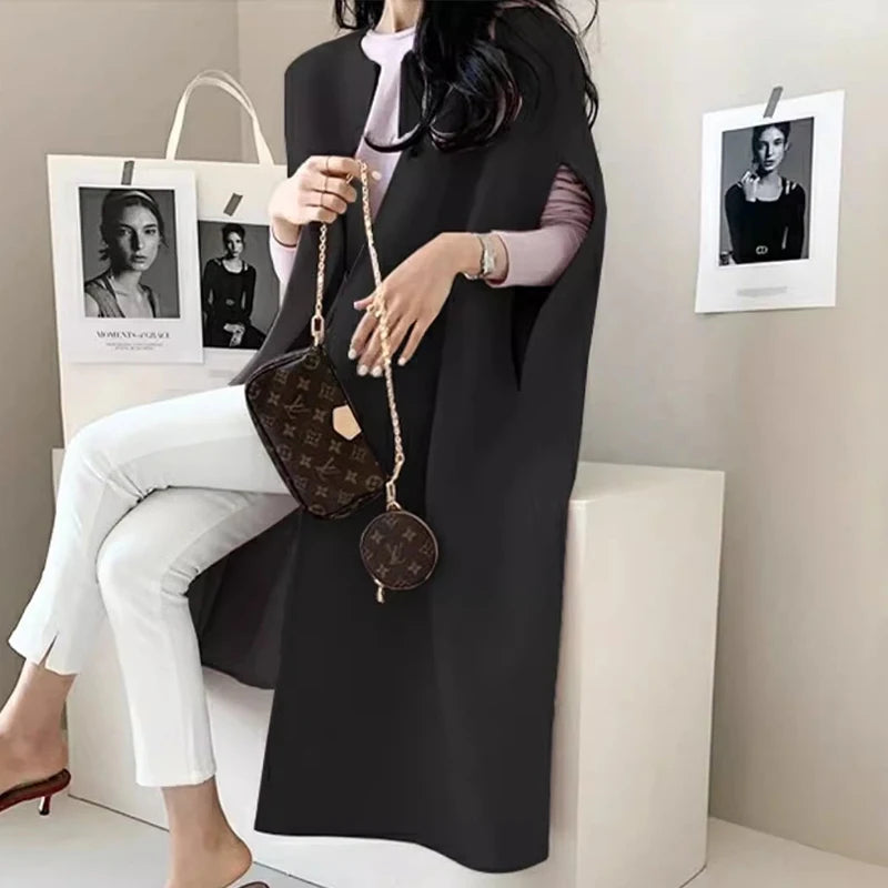 [EWQ] Korea Chic Tops Elegant Vintage O Neck Shawl Loose Cardigan Coffee Woolen Women Autumn 2024 Winter Shawl Cloak Coats U7318