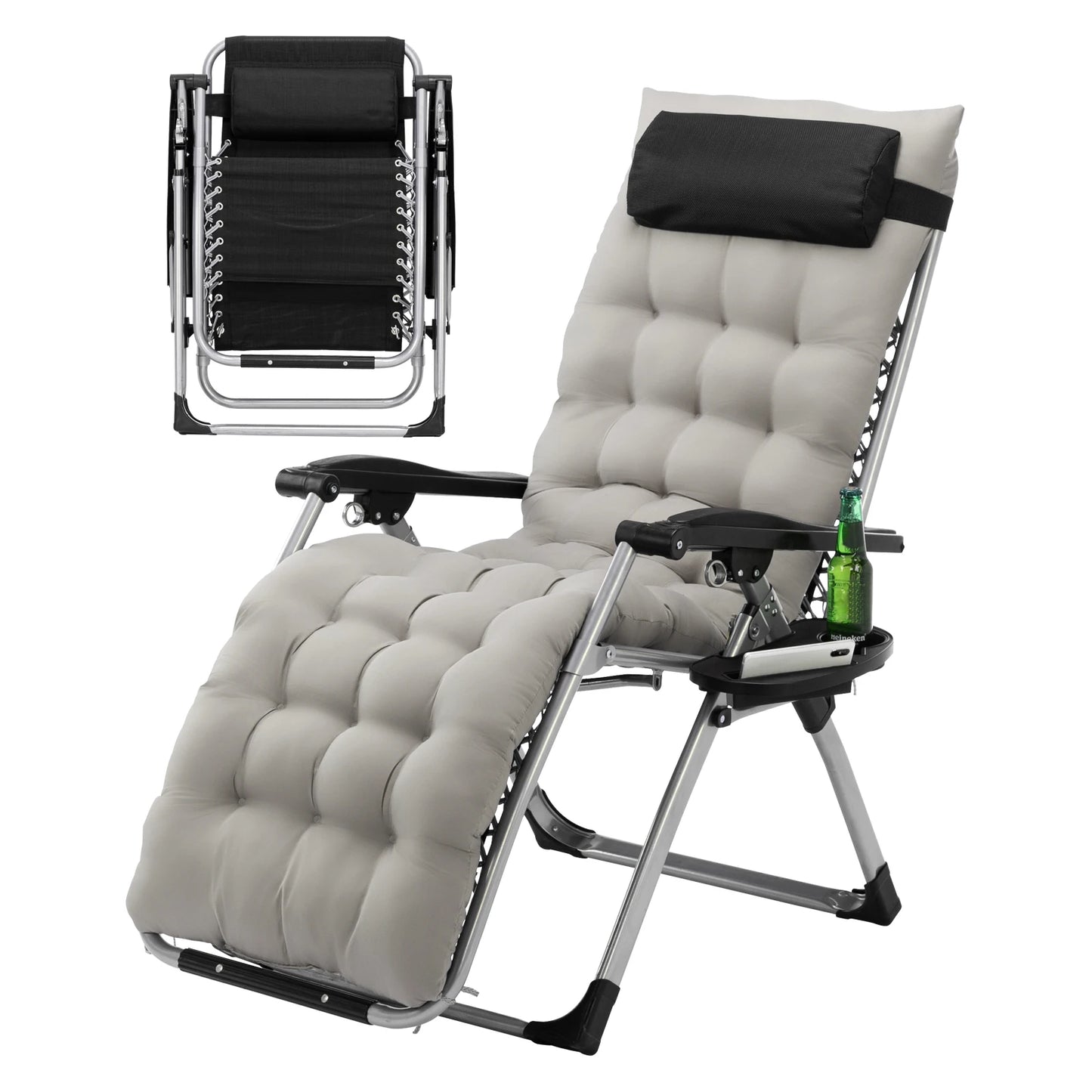 Gravity Chair with Pad, Patio Chairs with Pillow and Utility Tray Adjustable Folding Recliner for Deck,Patio,Beach,Yard,Grey