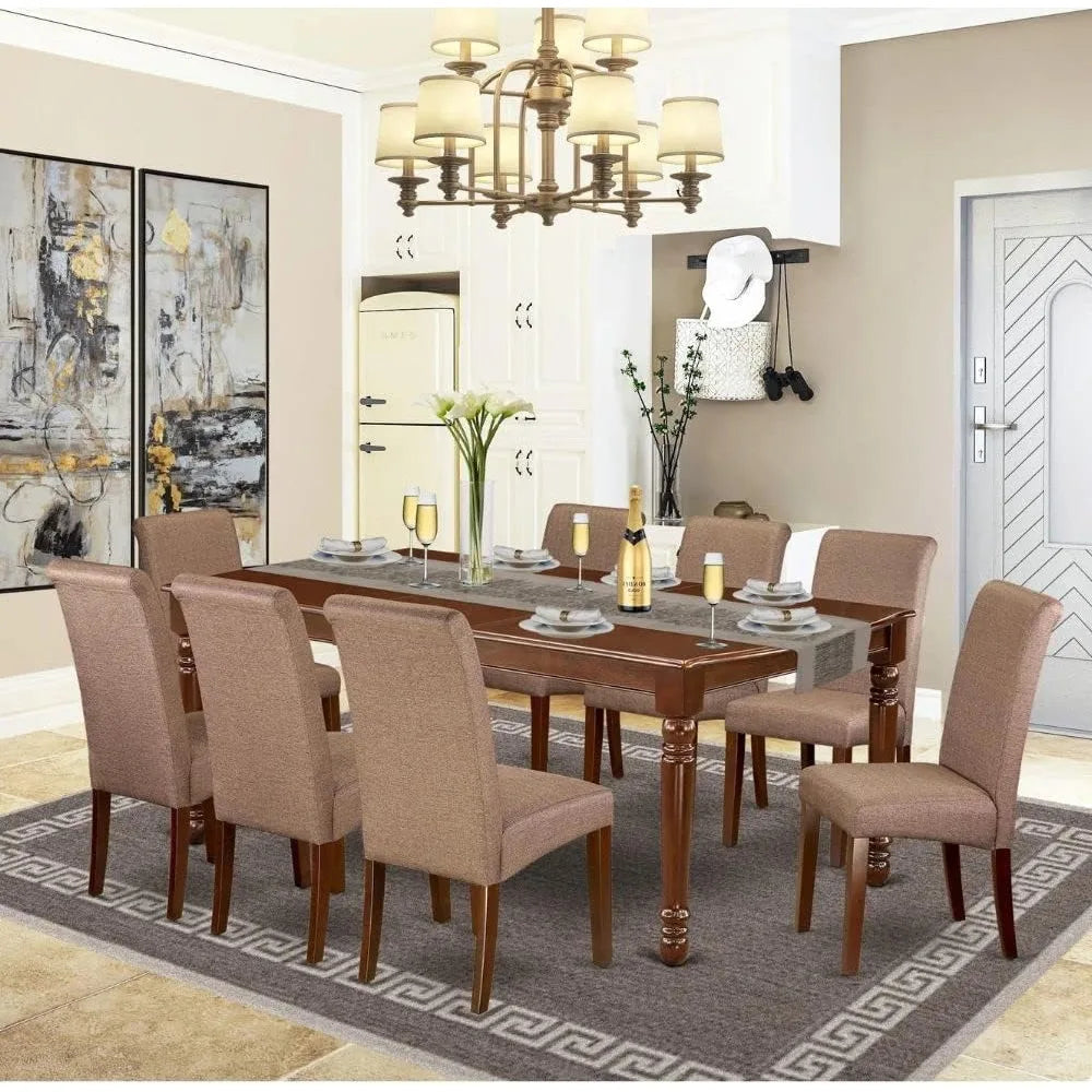 9 Piece Modern Dining Table Set Includes Rectangle Wooden Table with Butterfly Leaf and 8 Brown Linen Linen Fabric Parson Chairs