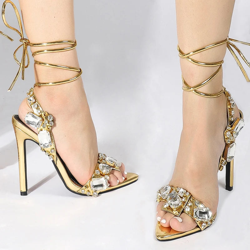 Liyke Sexy Ankle Strap Golded Sandals Women Party Nightclub Stripper Heels High Quality Crystal Diamond Pointed Toe Wedding Shoe