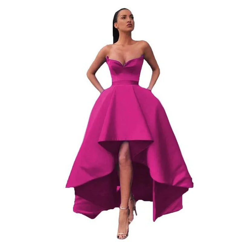 Puffy wedding satin waist tight bandeau evening dress