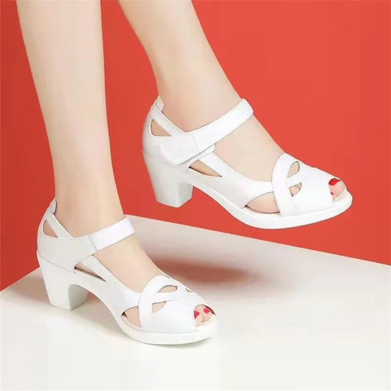 Summer Leather Fish Mouth Thick Heel Hollow Non-slip Sandals Roman Sandals Women's Soft Soled Comfortable Mother Shoes