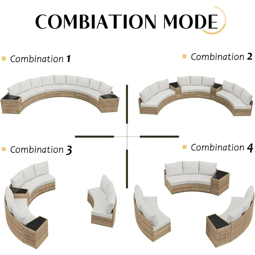 Patio Conversation Set, 11 Piece Half-Moon Sectional Round Patio Furniture Set with Large Storage Wedge Table Wicker Sofa Set