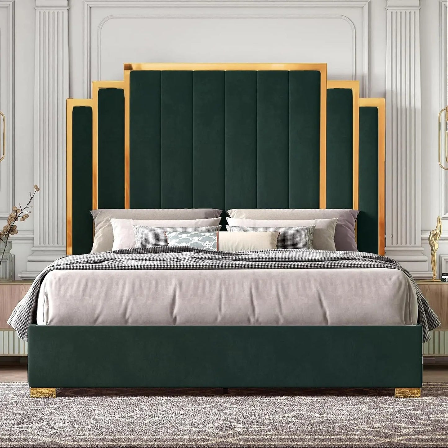 King Size Platform Bed Frame, 65" Velvet Upholstered Bed with Gold Trim Headboard/Wooden Slats