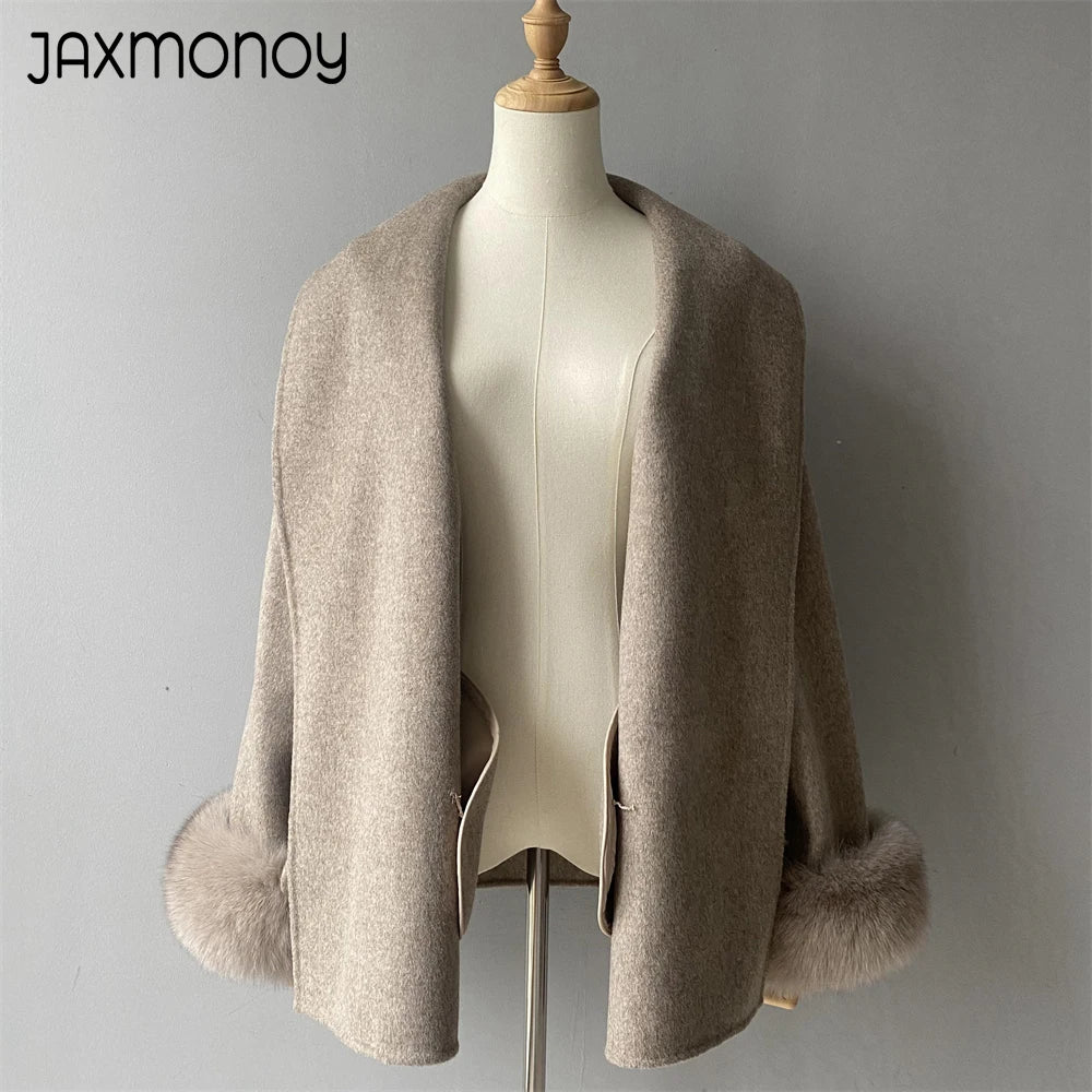 Jaxmonoy Women's Wool Coat with Real Fox Fur Collar and Cuffs Autumn Winter New Arrival Ladies Wool Jacket 2024 New In Outerwear