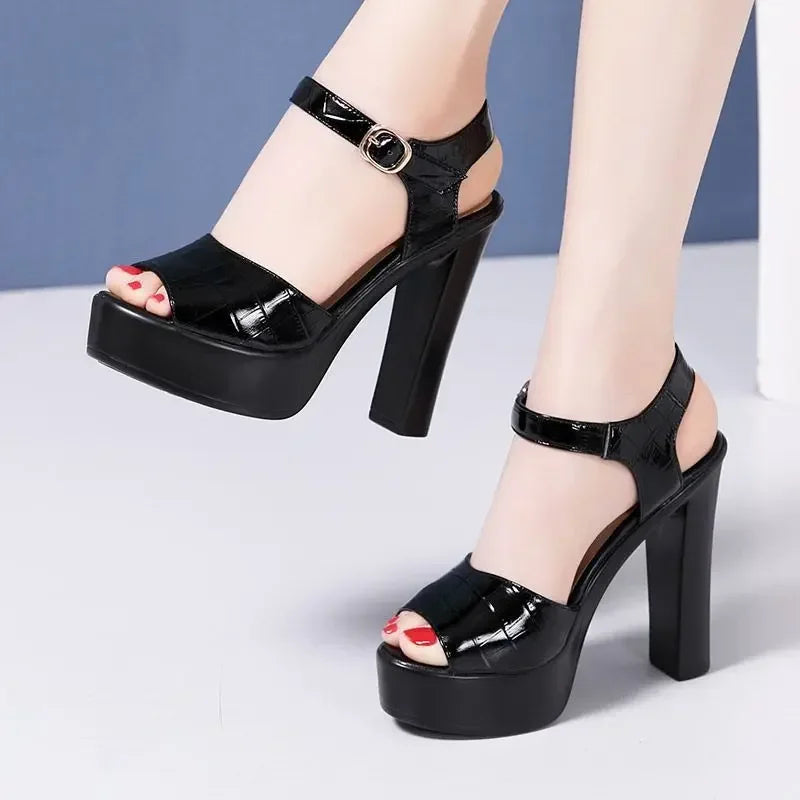 10cm 13cm Comfortable Genuine Leather Sandals Chunky Platform Shoes 2024 Summer Block High Heels Sandals Women for Office Model