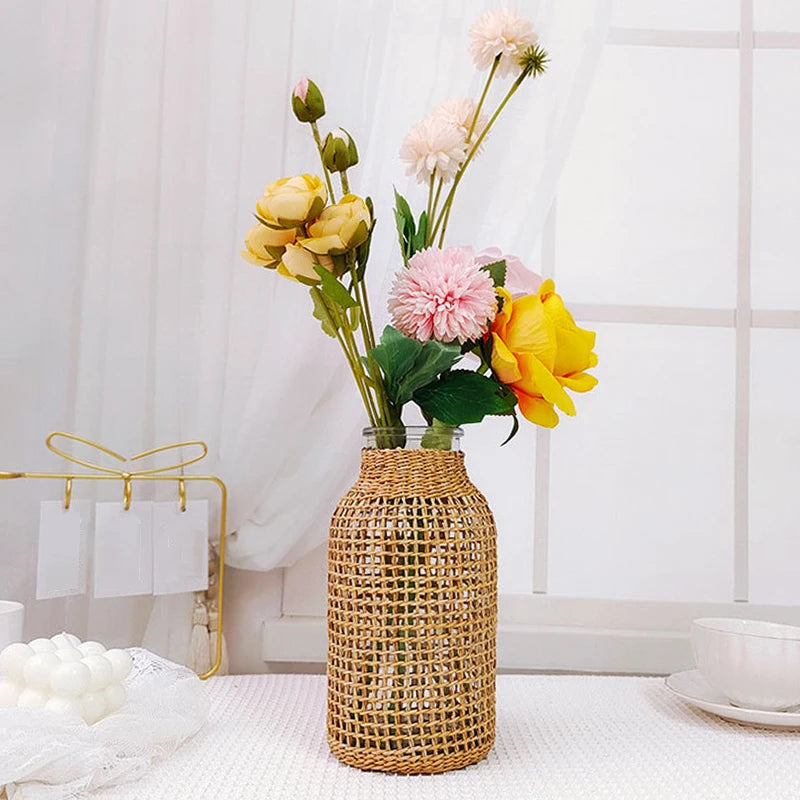 Straw Woven Glass Dry Vase Japanese Glass Vase with Rope Net Home Decoration Ornaments Vase Living Room Office Bedroom