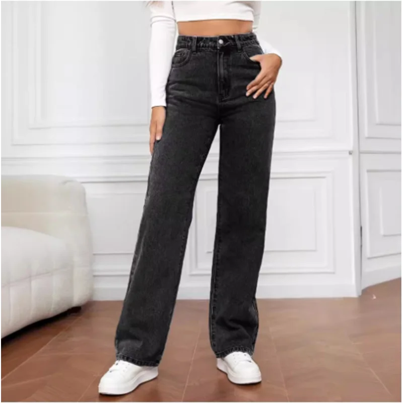 High Waist Light Blue Pocket Jeans Women's Street Simple Casual Autumn Spring Straight Leg Pants