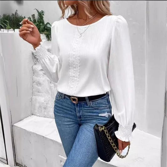 Elegant Women's Long Sleeved Shirt Spring/Summer 2024 Round Neck Casual Solid Color Blouse Office Lady Clothing S-2XL