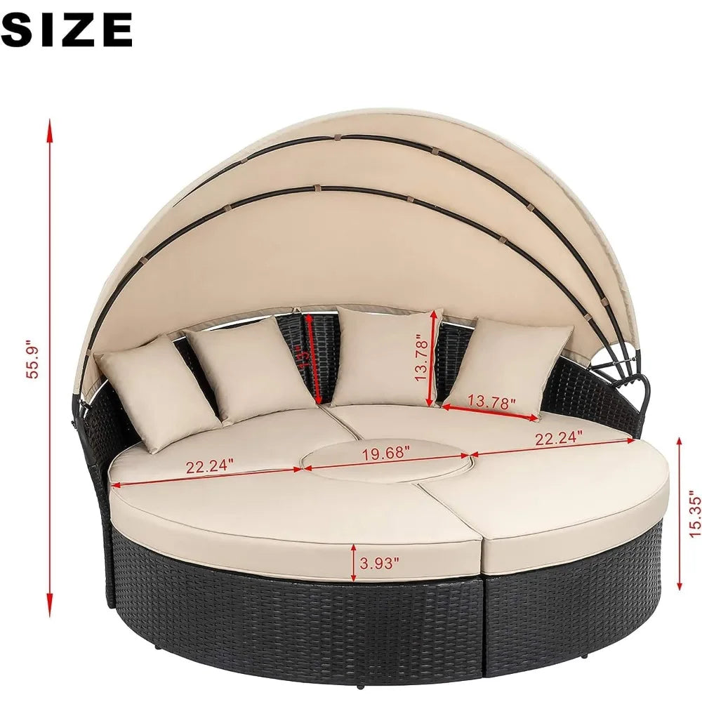 Patio Furniture Round Daybed with Retractable Canopy, Outdoor Wicker Rattan Sectional Sofa Set,Seating Separates Cushioned Seats