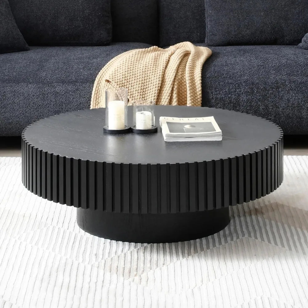 Round Wooden Coffee Table for Living Room, Modern Fluted Drum Side Table, Easy to Assemble for Tight Spaces