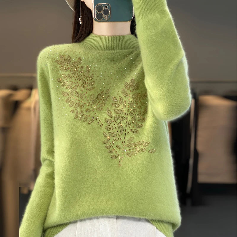 Women Autumn Winter Pure Wool Thickening Sweater Half-high Collar Leaf studded With Diamonds Pullover Female Knitted Basis Top