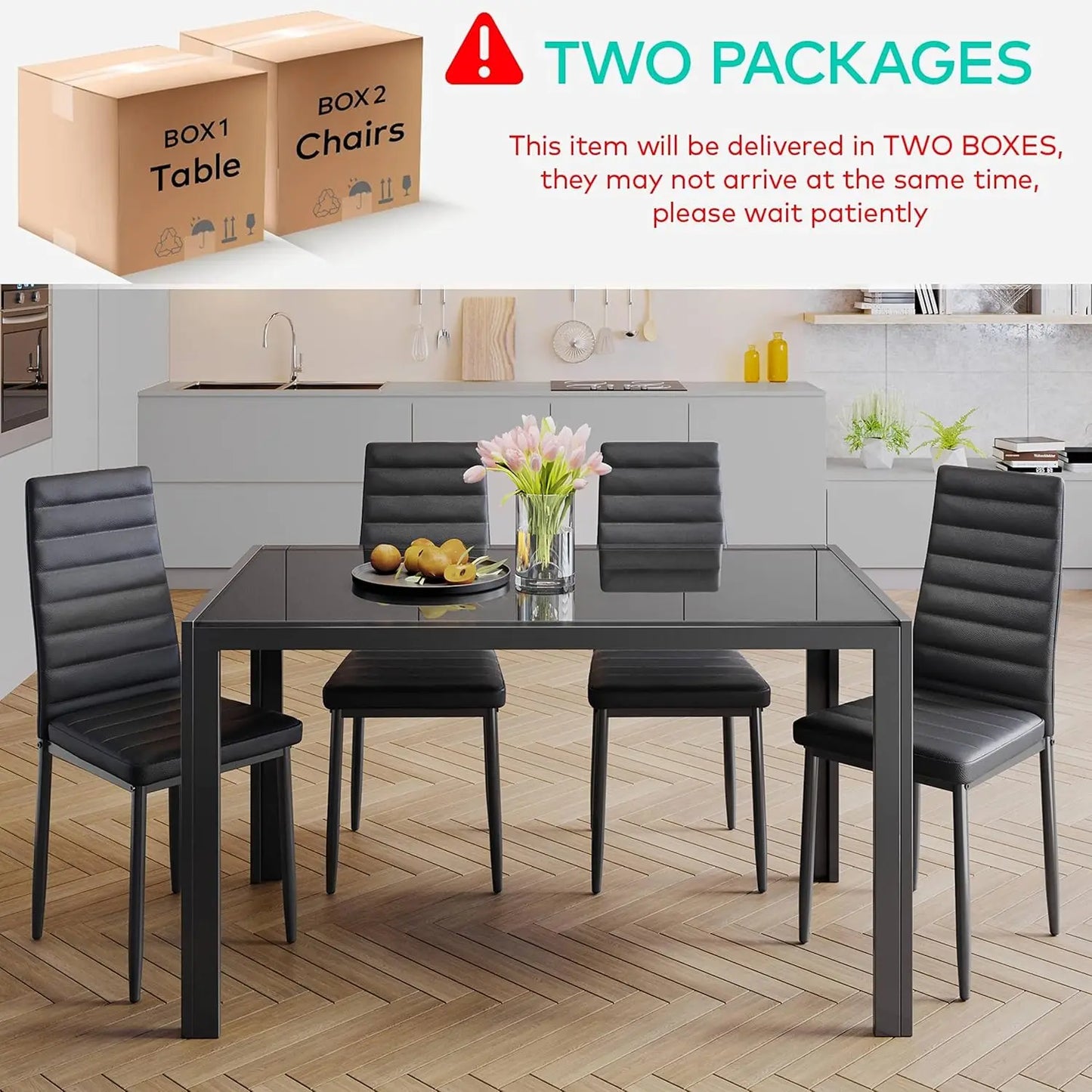 5 Piece Glass Dining Table Set, Kitchen and Chairs for 4, PU Leather Modern Room Sets for Home, Kitchen, Living Room