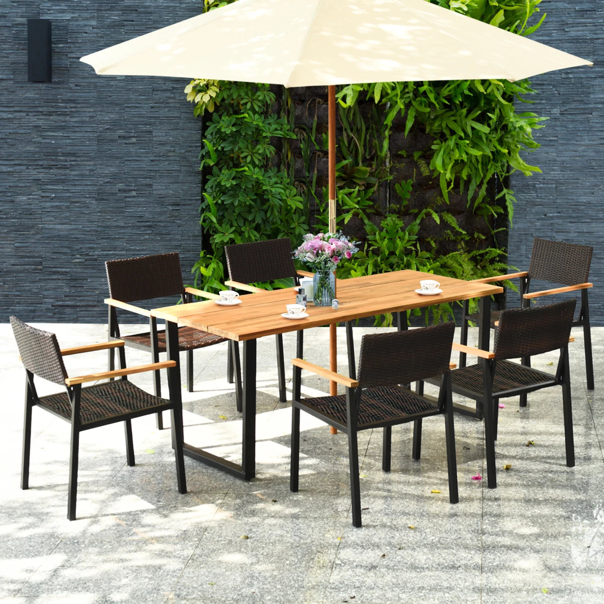 7PCS Patio Rattan Dining Chair Table Set Solid Wood with Umbrella Hole Patented