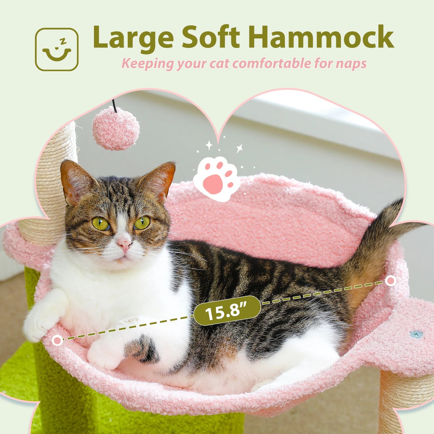 Flower Cat Tree with Large Hammock, Cute Cat Tower with Sisal Scratching Posts for Indoor, Cat Condo with Top Perch for Kittens