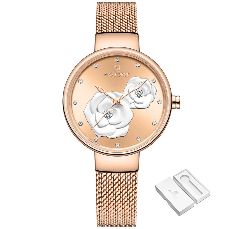 Women Watch NAVIFORCE Top Luxury Brand Steel Mesh Waterproof Ladies Watches Flower Quartz Female Wristwatch Charming Girl Clock