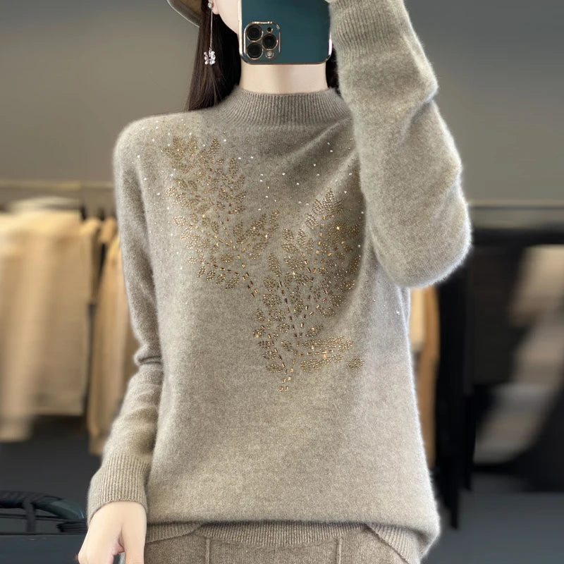 Women Autumn Winter Pure Wool Thickening Sweater Half-high Collar Leaf studded With Diamonds Pullover Female Knitted Basis Top