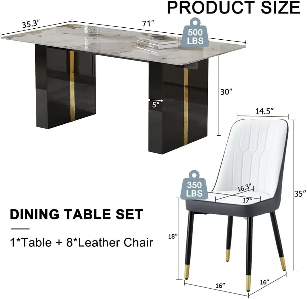 71'' Kitchen Table Set for 8 8 Chairs Dining Table Set Dining Faux Marble Table Set for 8 with PU Leather Chairs for Kitchen