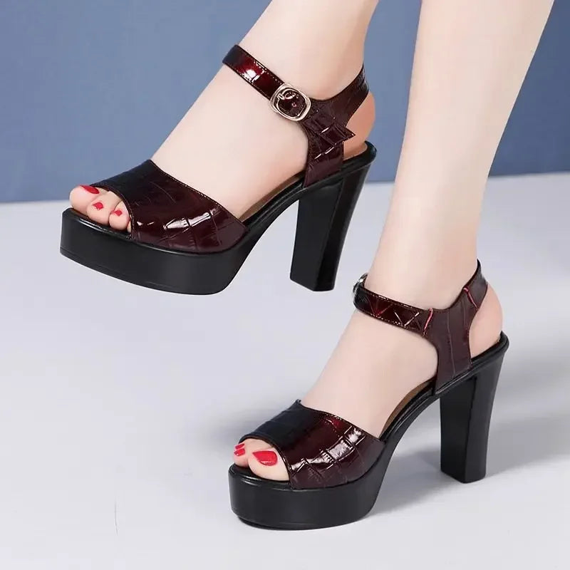 10cm 13cm Comfortable Genuine Leather Sandals Chunky Platform Shoes 2024 Summer Block High Heels Sandals Women for Office Model