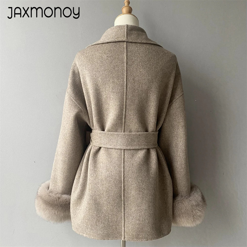 Jaxmonoy Women's Wool Coat with Real Fox Fur Collar and Cuffs Autumn Winter New Arrival Ladies Wool Jacket 2024 New In Outerwear