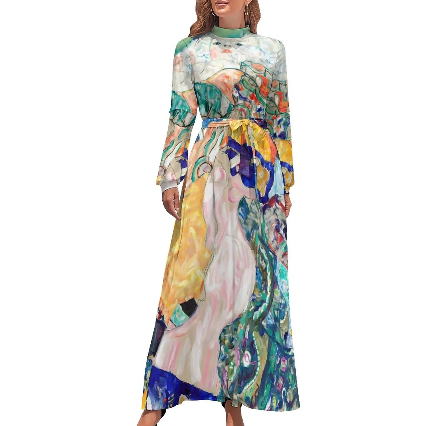 Klimt Art Dress High Neck Adele Gallery Custom Bohemia Dresses Long Sleeve Street Fashion Long Maxi Dress Cute Vestido