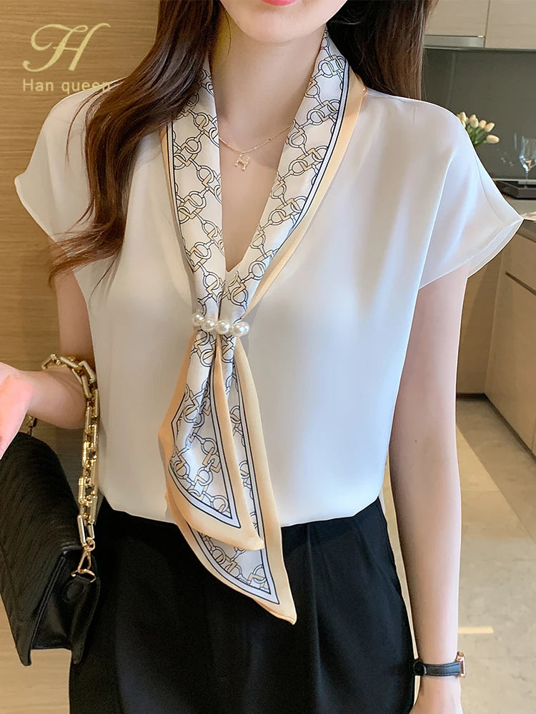 H Han Queen Summer Blusas Simple Office Lady Chiffon Blouse Female Shirt Lace-Up Tops Casual Korean OL Style Loose Blouses Women