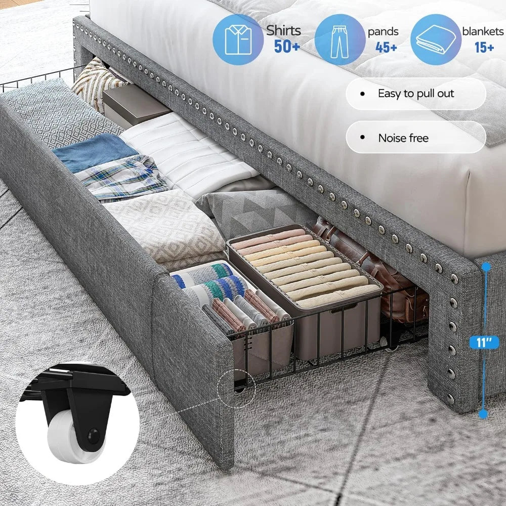 Bed Frame with 3 Storage Drawers,Queen Size Bed Frame with Headboard, Upholstered Platform Bed Frame Queen Size with Storage