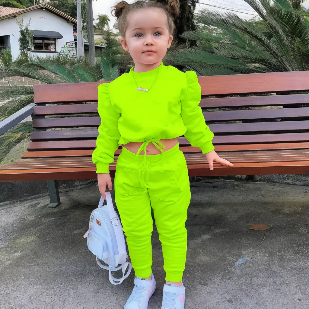 1-8Years Children's Kids Girls Fall Clothing Outfits Solid Color Long Sleeve Crop Tops+Sport Pants Trousers Fashion Clothes Sets